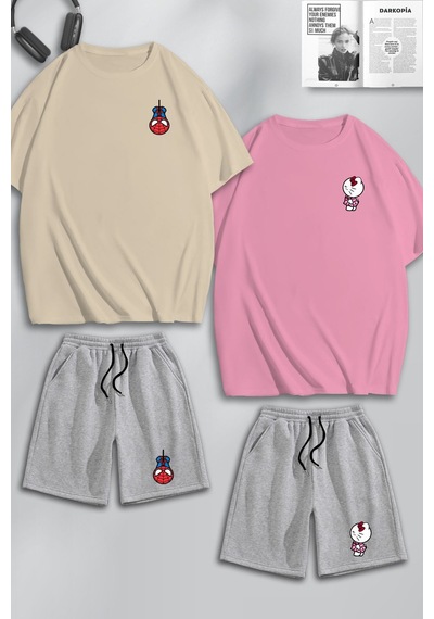 Unisex Kadın Erkek Hello Kitty Spiderman Baskılı Sevgili Çift Kombini Tasarım Oversize Tshirt V Şort Bej Pembe Gri Mck0282 Çok Renkli