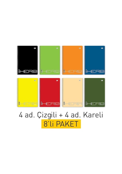 A4 Spiralli Okul Defteri 8 Li Set 4 Çizgili + 4 Kareli 72 Yaprak 144 Sayfa Çok Renkli
