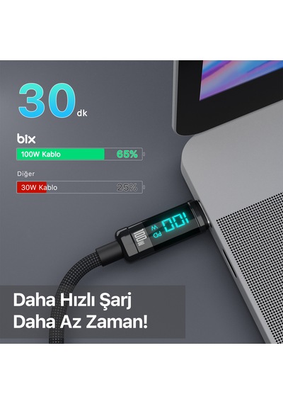 Bix BX09CC 100 W Type-C  Led Ekranlı Şarj ve Data Kablosu 1 M Siyah