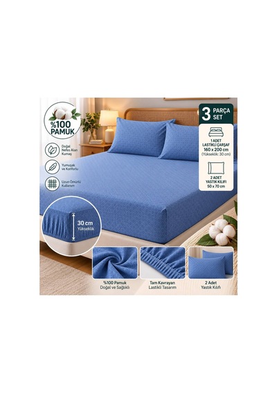 Slc Home %100 Pamuk Kumaş 160 X 200 Cm Lastikli Çarşaf 2li Yastık Kılıflı Dahil Çift Kişilik 3lü Set İndigo - 939639330 İndigo