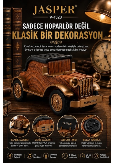 Jasper Jpr-1523 Dekoratif Bluetooth Hoparlör Telefon Standı Retro Klasik Araba Tasarım 3w 1200 Mah