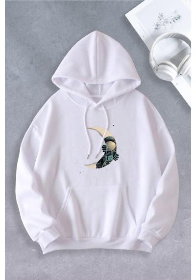 Nevermind Unisex Kadın Erkek Ay Astronot Modeli Oversize Sweatshi Beyaz