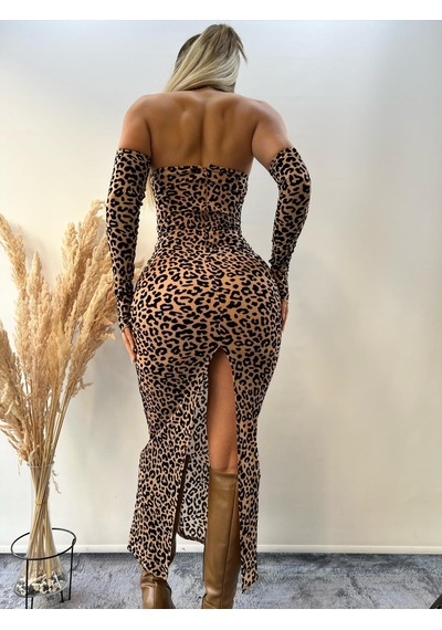 Pink Life Nude Tül Üzeri Flog Baskılı Leopar Desenli Kolluklu Midi Elbise Nude