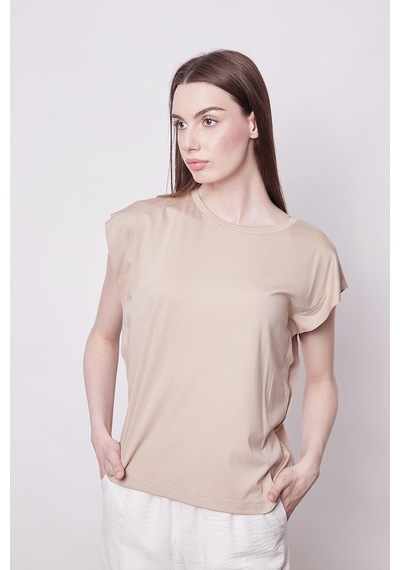 Jument Şık Likralı Span Kumaş Kolsuz Geniş Sıfır Yaka Düşük Omuzlu Basic Tshirt Bluz-koyu Bej K.bej
