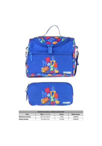 Kaukko Kids Erkek Çocuk Moster Baskılı Mavi Thermo Beslenme Çantası Ve Kalemlik Seti - Setkk-l5405