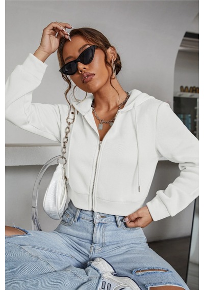 Cool Tarz Kadın Kapüşonlu Şardonlu Beyaz Renk Crop Sweatshirt Beyaz Beyaz