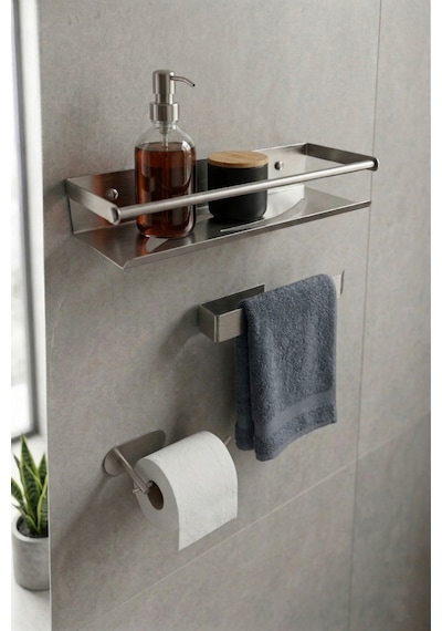 Zift Unique Yapışkanlı Banyo Aksesuar Seti , Paslanmaz Çelik Tuvalet Banyo Havlu Askısı , Raf , Stand, Inox