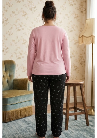 Siyah İnci Pembe Desenli Düğmeli Büyük Beden Battal Boy Viskon Örme Pijama Takım 26224831