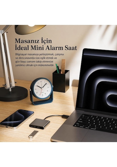 Valkyrie Sessiz Çalışan Mini Masa Saati / Akıcı Mekanizma, Gece Işıklı, Şık Dekoratif Lacivert