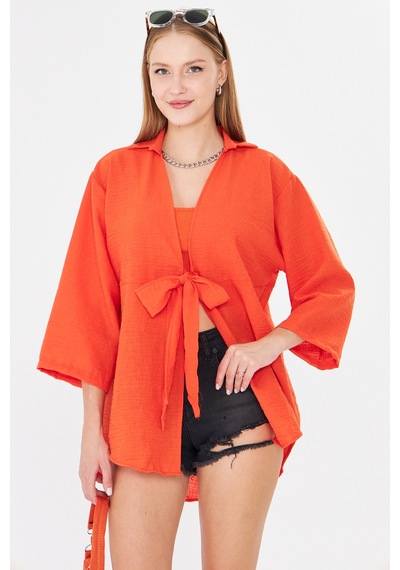 Armonika Kadın Oranj Kendinden Çizgili Önden Bağlamalı Kimono Gömlek Arm-24y001101