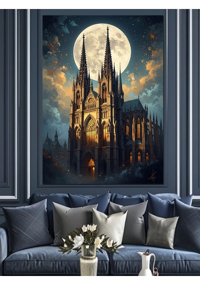 Ahşap Tablo Gece Işıkları Altında Tarihi Katedral