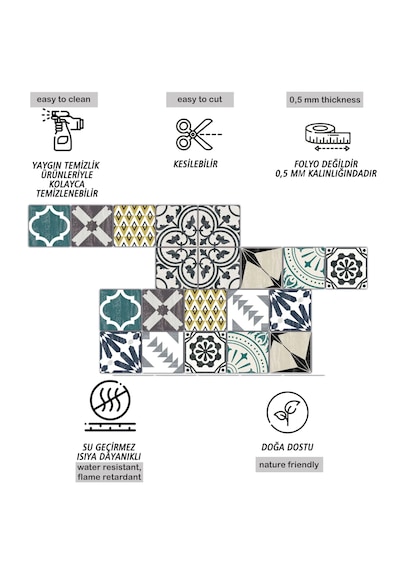 Kendinden Yapışkanlı Retro Yeşil Desenli Pvc Karo 10x10 Cm 5 Li Paket
