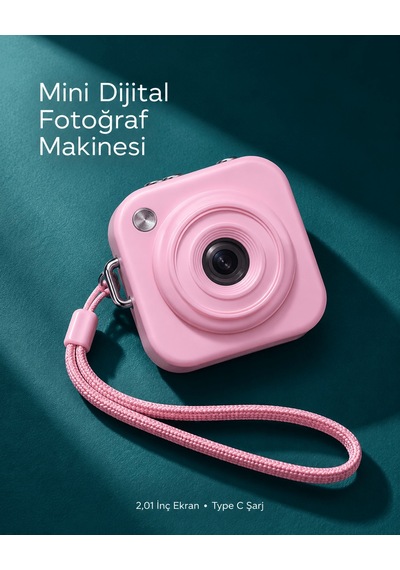 1. Cep Boy Pembe Dijital Fotoğraf Makinesi 2,01 İnç Ekran Ve Type C Şarj Çok Renkli