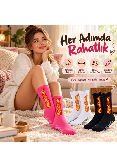 Teorastore Unisex Alev Desenli Çorap 3'lü Set Pamuklu Uzun Soket Dikişsiz Nefes Alan Günlük Spor Çorabı Yumuşak Çok Renkli
