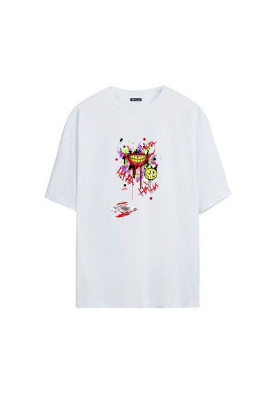 Thewert Unisex Joker Smile Baskılı Beyaz Oversize Tshirt