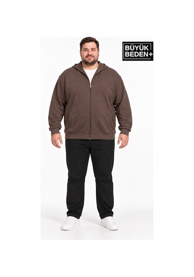 Süperlife Erkek Büyük Beden İki İplik Kapüşonlu Fermuarlı Cepli Sweatshirt Hırka Spr26bhr961 Kahverengi