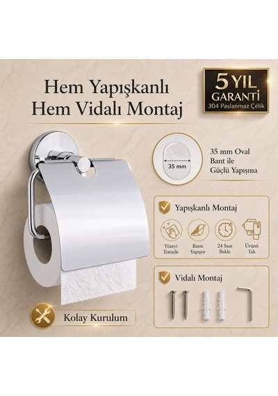 Alper Banyo Kapaklı Tuvalet Kağıtlığı, 304 Paslanmaz Çelik, Krom Kaplama Wc Kağıtlık, Yapışkanlı Ve Vidalı Diğer