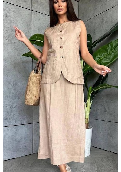 Neşeli Butik Kadın Keten Etek Yelek Alt Üst İkili Takım Nbemp1072 Vizon