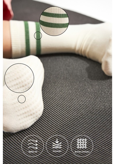 Bamboo Star Bambu Kadın Bej Kaydırmaz Taban Silikon Baskı Yoga Fitness Pilates Bale Dans Tenis Çorabı 3'lü Ekru