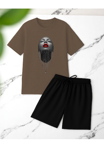 Uyguntarz Unisex Pırlantalı Kadın Portresi Tasarım Basklı Tshirt Şort Takımı Kahverengi
