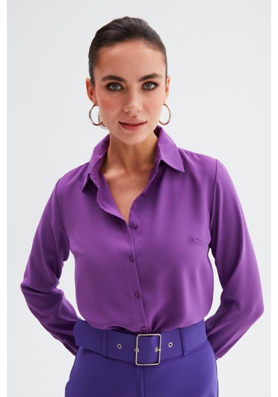 Sateen Düz Klasik Gömlek - Mor