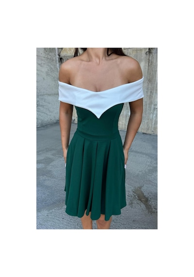 DefyModa Kadın Klasik V Yaka Pile Detaylı Mini Abiye Elbise Zümrüt