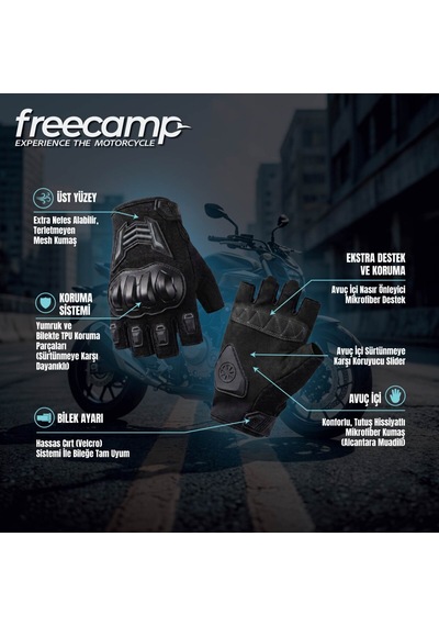 Freecamp Power Yarım Parmak Motosiklet Eldiveni En 13594:2015 Siyah/gri Siyah - Gri
