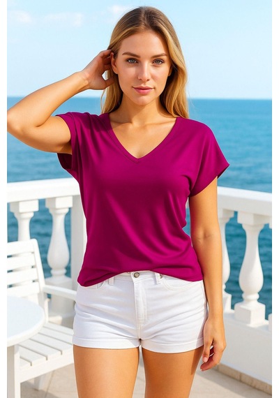 Kadın Fuşya Viskon Ön Arka V Yakalı T-shirt Yarasa Kol Relaxed Bluz Çok Renkli
