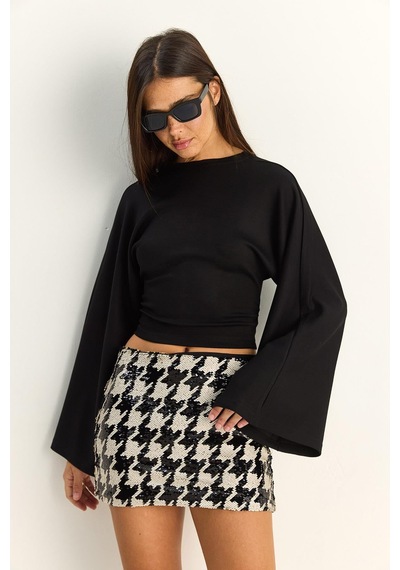 Shade Kadın Belden Oturtmalı Drapeli Geniş Kol Crop Bluz 1093 60286119 - Siyah