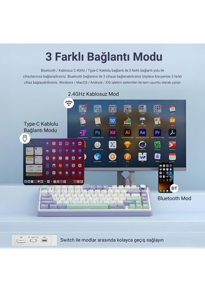 Aula F75 Mekanik Rgb Tkl Ice Vein Switch Kablosuz Makrolu Hot Swap Klavye Pastel