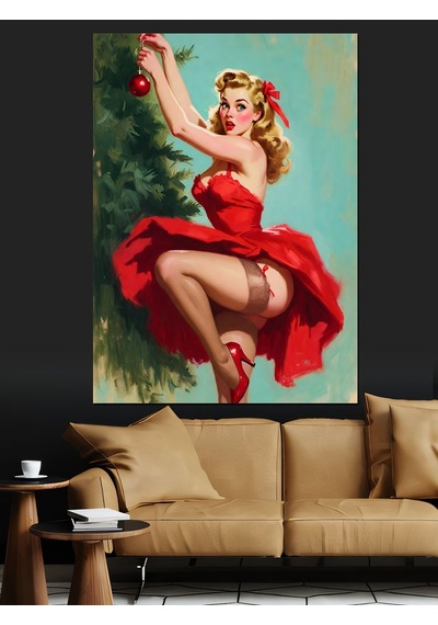 Ahşap Tablo Kırmızı Elbiseli Pin-up Kız