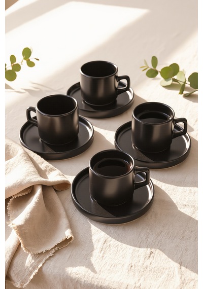Keramika Mat Siyah Stackable Çay Takımı 8 Parça 4 Kişilik