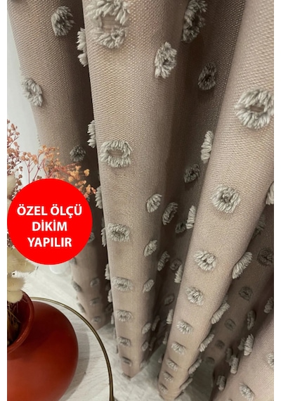 Fon Perde Vizon Pufy Püsküllü, Ponponlu, Saçaklı Sık Pileli Keten Pano Fon Tek Kanat Vizon
