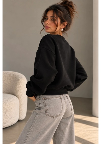 Bbbutikbasic 3 İplik Şardonlu Kısa Sweatshirt Bisiklet Yaka Kadın 3 İplik Şardonlu My3535 siyah