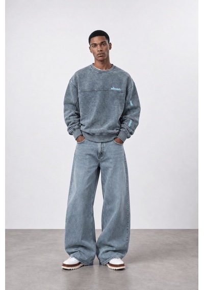 Respire Erkek About Baskılı Yıkamalı Oversize Sweatshirt Gri