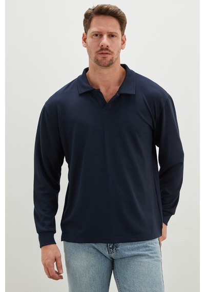 Fullamoda Basic Apaş Yaka Modal Sweatshirt Petrol Mavi