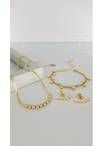 Taşlı Çelik Takı Seti 313 Gümüş - Rose Gold