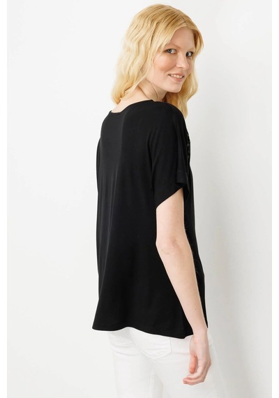 Desen Triko Kadın Sıfır Yaka Boncuk İşlemeli Penye T-shirt 25859 Siyah Siyah