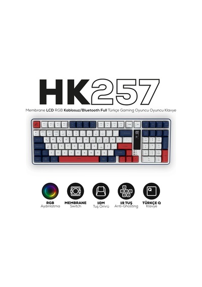 Hk257 Membrane Lcd Rgb Kablosuz/bluetooth Kırmızı Mavi Full Türkçe Gaming Klavye