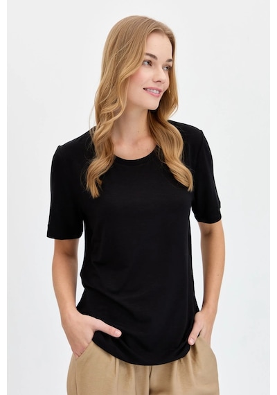 Desen Triko Kadın Sıfır Yaka Flamlı Kumaş Penye T-shirt Kmy24084 Siyah