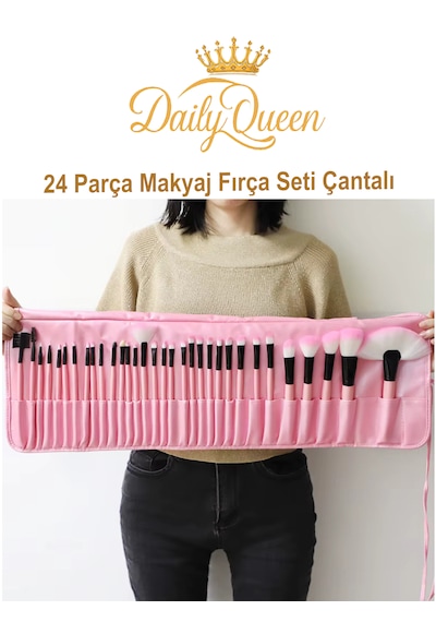 Daily Queen 24 Parça Makyaj Fırça Seti Penbe Deri Çantalı Lüx Ve Kaliteli