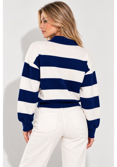 Ribana Classic Kadın Polo Yaka Çizgili Uzun Kollu Triko Kazak A2g2 Lacivert-aw18