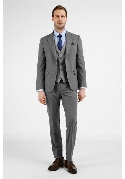 İmza Gri Mono Yaka Kazayağı Desen Yelekli 6 Drop Slim Fit Takım Elbise 1001255175 Gri