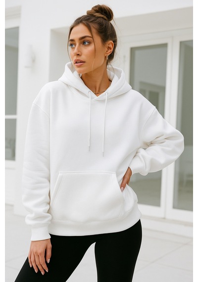 Kadın Ekru Kanguru Cepli Kapüşonlu Scuba Sweatshirt Ekru