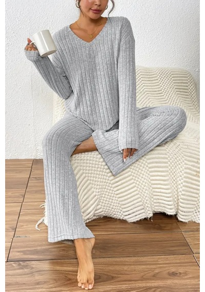 Unisex Gri Raporlu İnterlok Kumaş Eşofman Takımı Rahat Ev Ve Günlük Giyim Gri