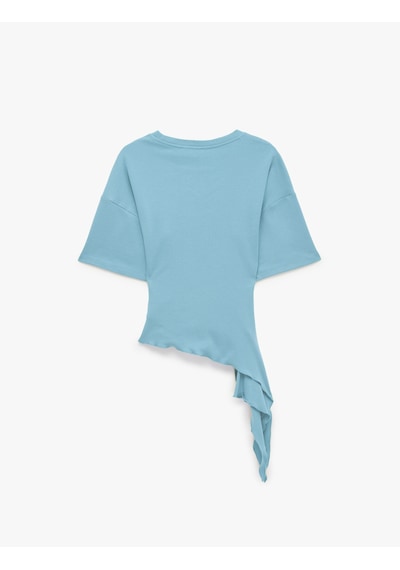 Koton Pamuklu Slim Fit Kısa Kollu Fırfırlı Drapeli Asimetrik Kesim Tişört Mavi 7wak50079ek