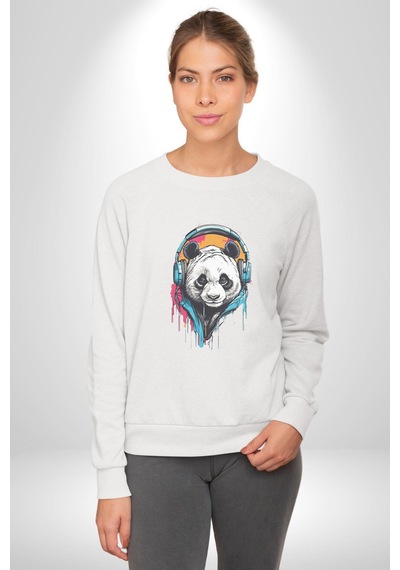 Kulaklık Ayı Panda Unisex Beyaz Baskılı Sweatshirt Beyaz