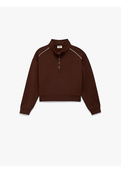 Koton Dik Yaka Uzun Kollu Modal Karışımlı Yarım Fermuarlı Crop Sweatshirt Kahverengi 6skg10224ak Kahve