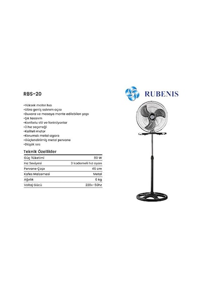 Rubenis RBS-20 Ayaklı Vantilatör