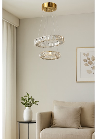 Alfa Gold Kristal Taşlı 3 Renk Işıklı Modern Salon Avize Gold